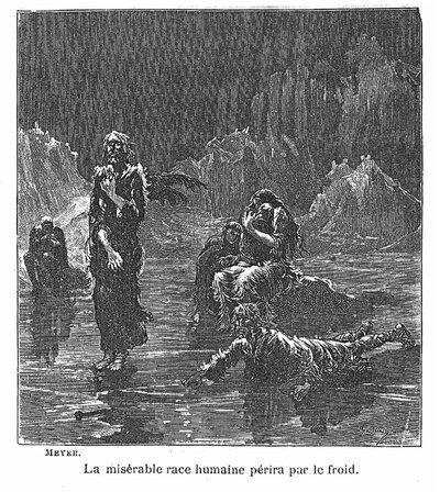 [Gravure de Meyer illustrant l'ouvrage “La Fin du monde” de Camille Flammarion, montrant des gens grelottant dans un paysage polaire, avec la légende suivante : « La misérable race humaine périra par le froid. »]